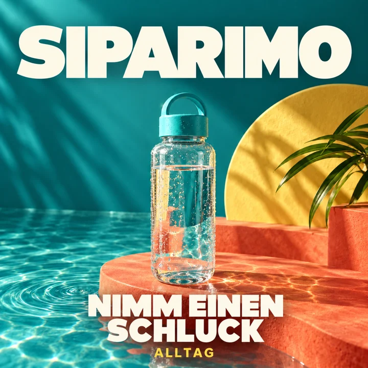 SIPARIMO-Cover: Wasserflasche, türkises Wasser und warme Sonne