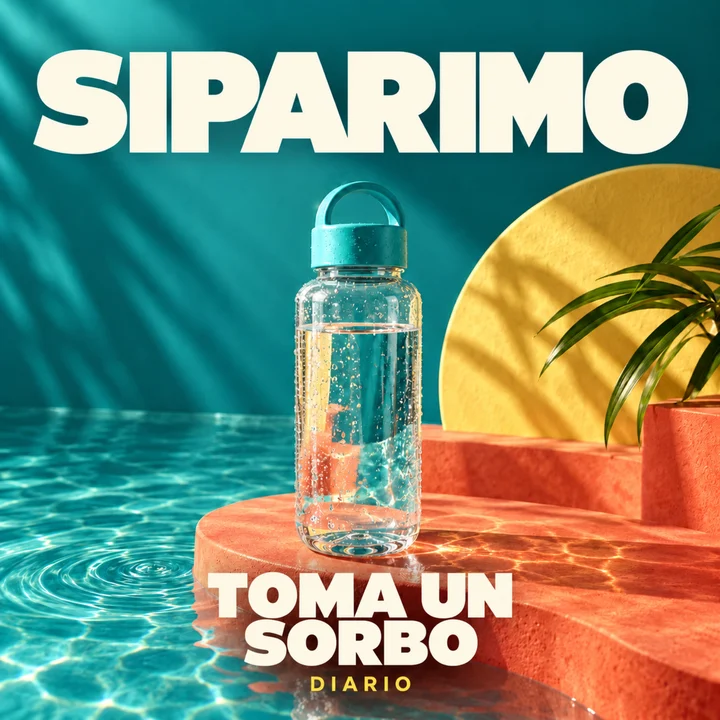 Portada de SIPARIMO: botella de agua, agua turquesa y luz cálida